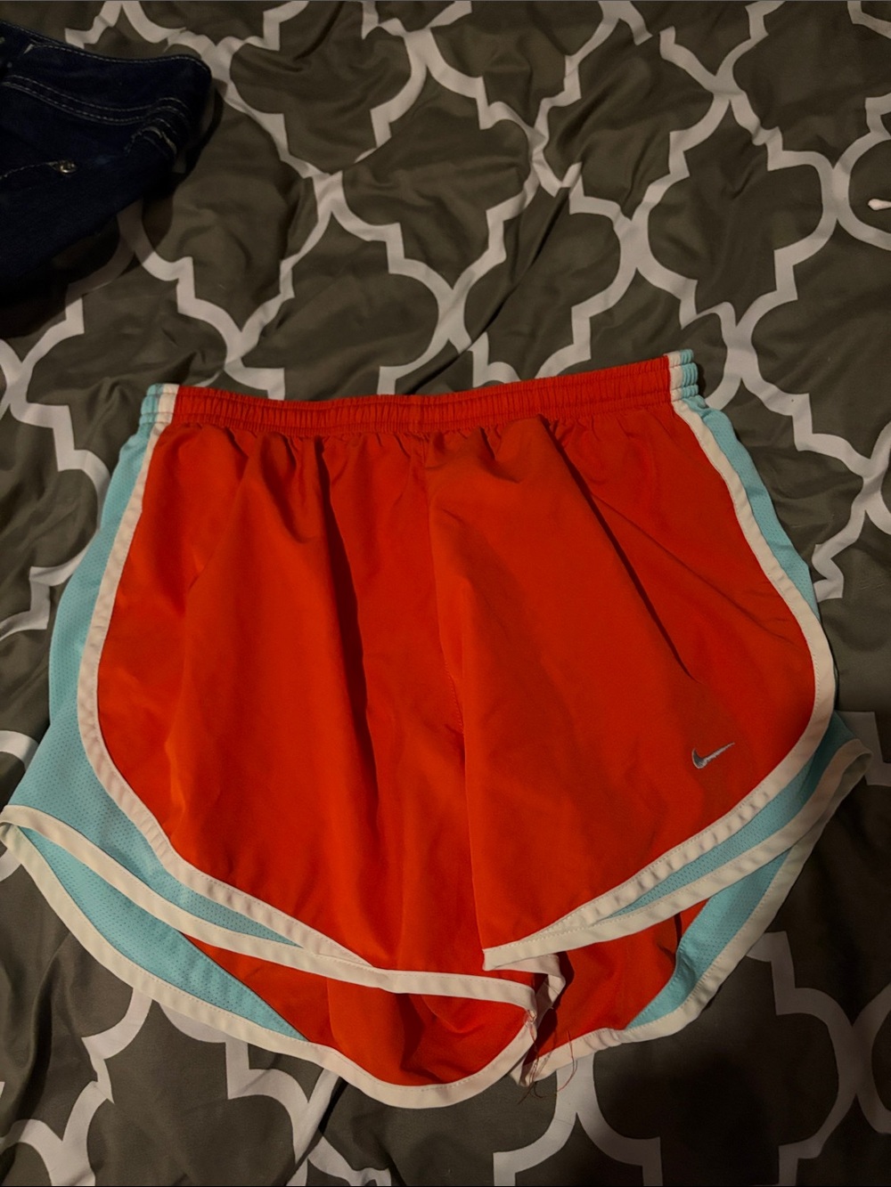 Nike Women’s Red Athletic Shorts with Light Blue and White Trim